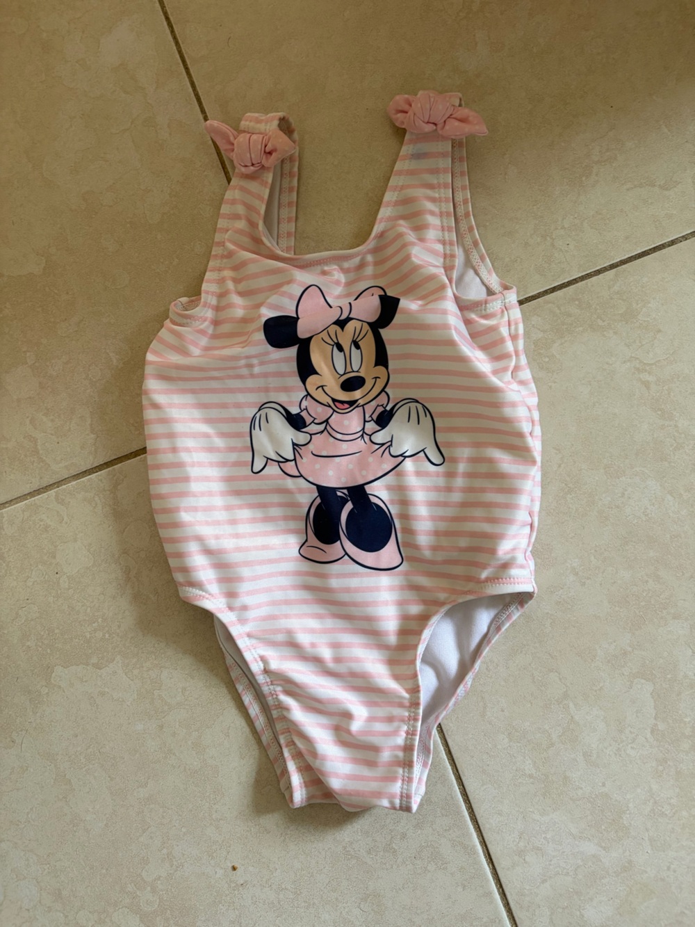 Disney Minnie Mouse Pink White Striped Kids Swimsuit